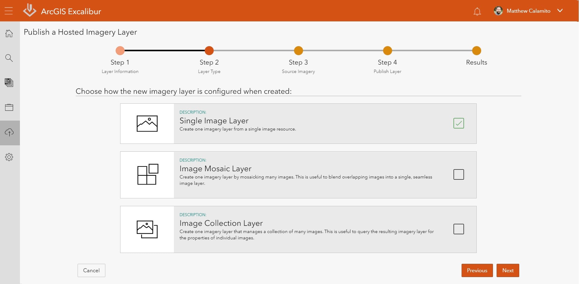 ArcGIS Excalibur Publish Imagery Step 2 - Choose Layer Type
