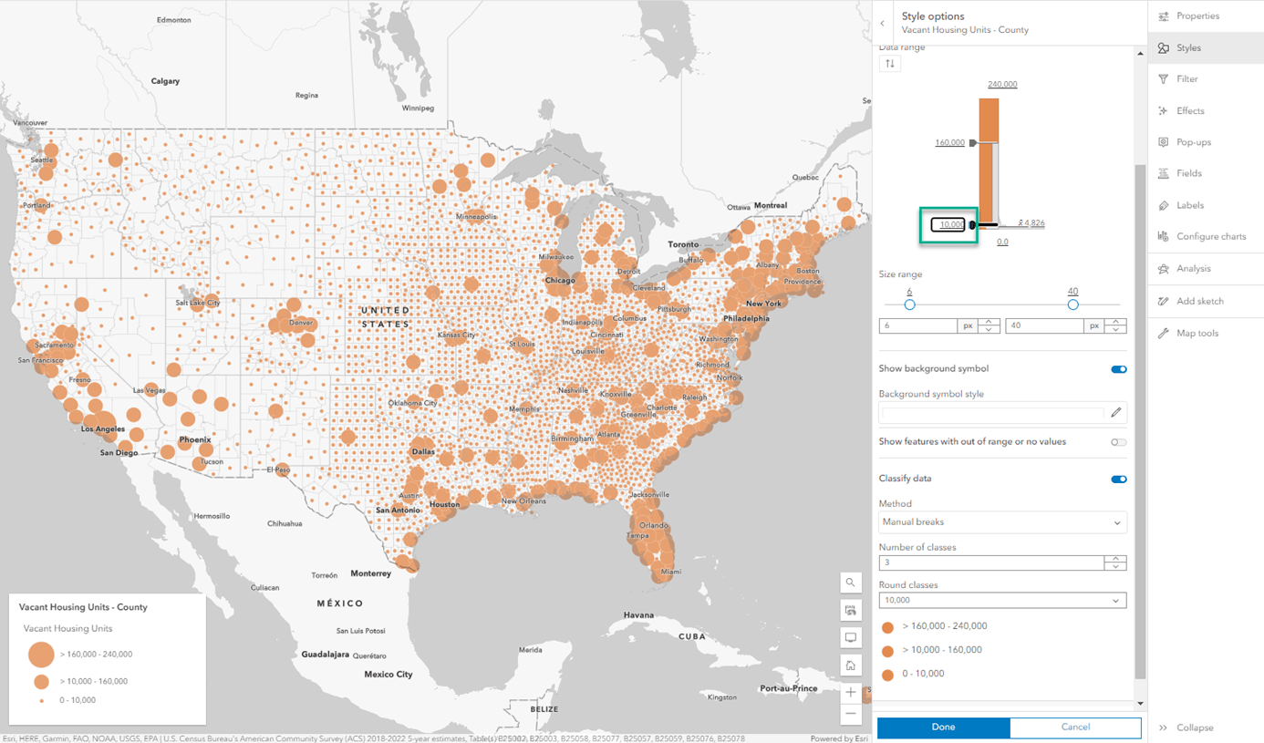 Changing the breaks that define the three classes.