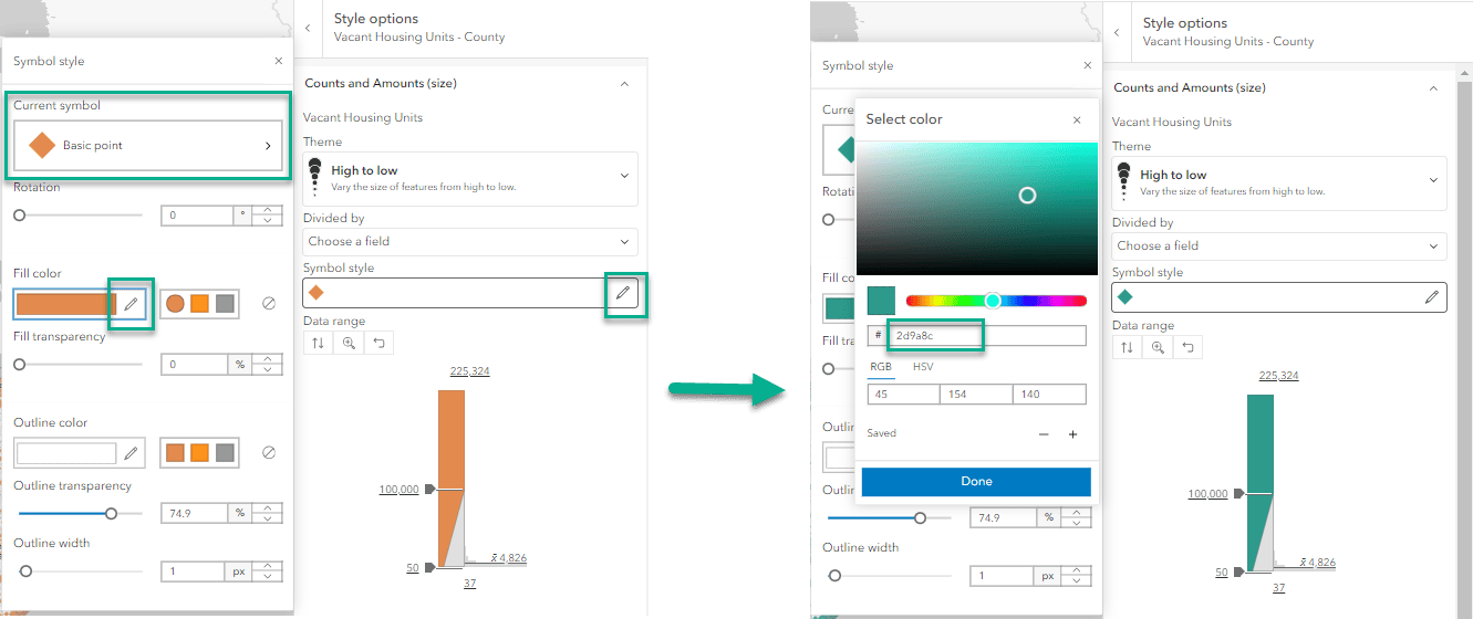 Change the symbol from a circle to a diamond, and from orange to dark green.