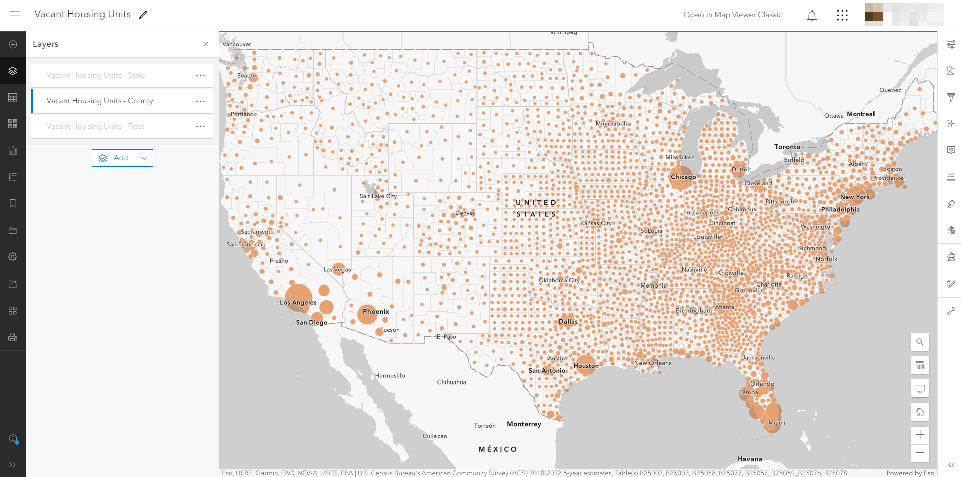 Default county-level map symbolized by size with no adjustments made.