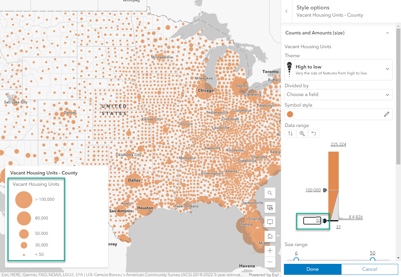 Minimum now defined at 50. The legend now has values that all end in zero.
