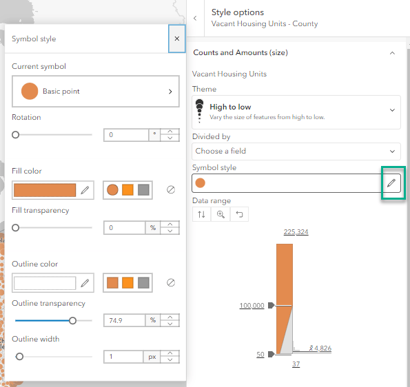 The edit button underneath the symbol style opens up the symbol options pane.