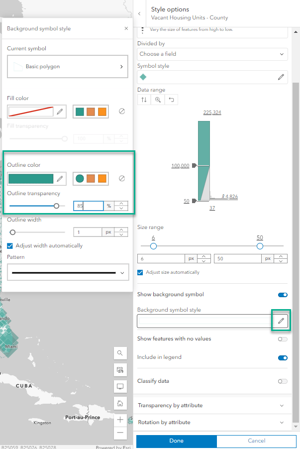 Adjust the color and transparency of the polygon (county) outlines.