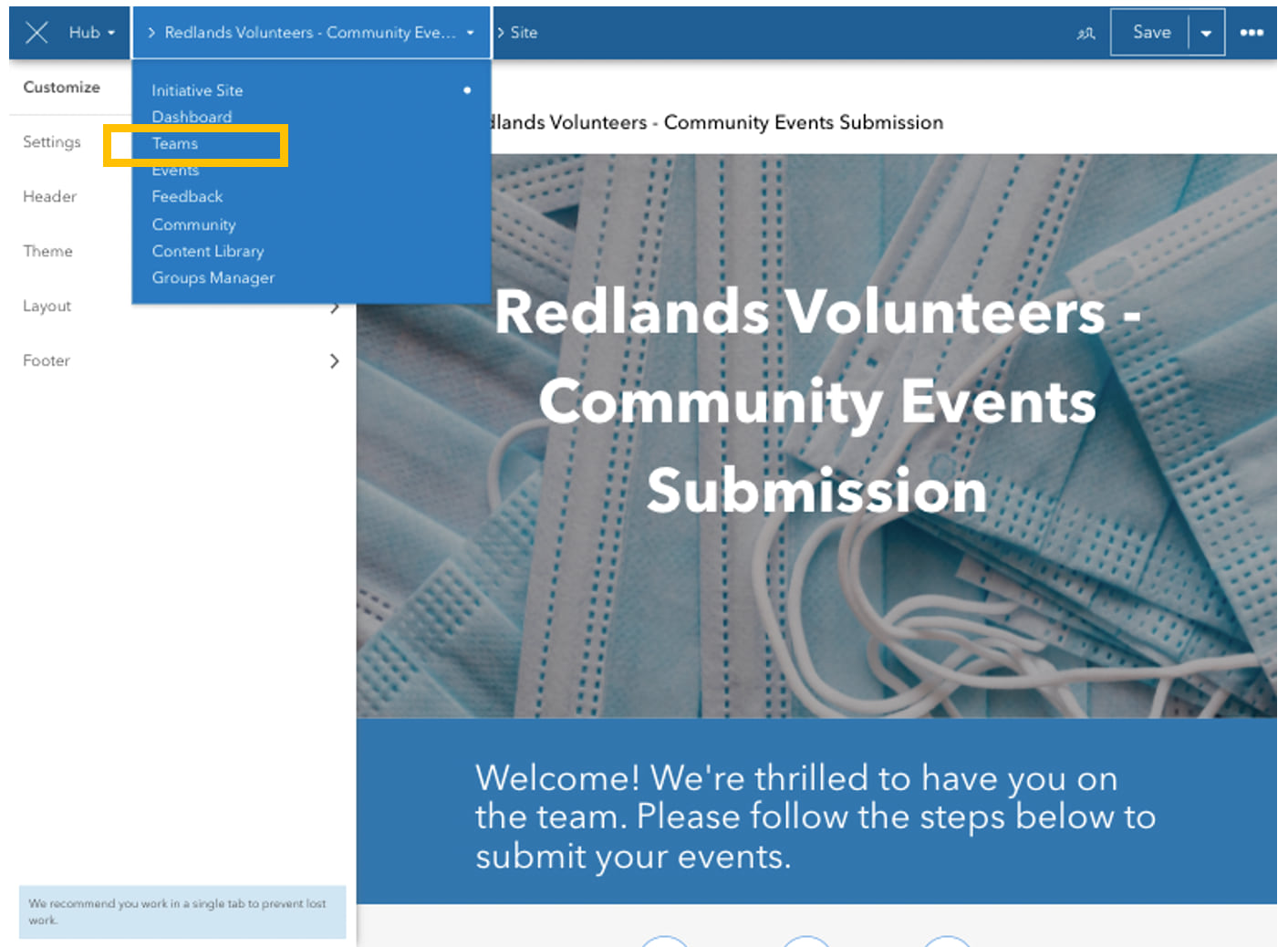 Teams option in the edit navigation dropdown menu