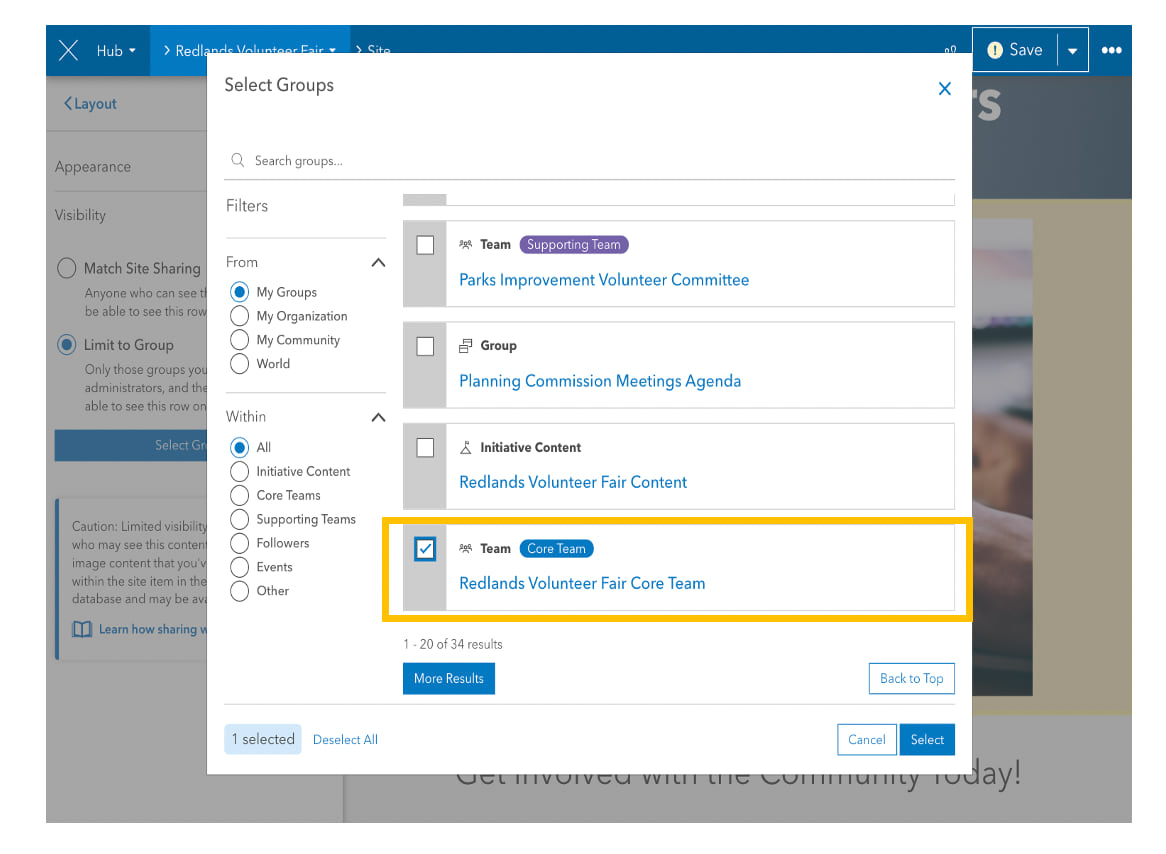 Selecting a group (core team) to give them visibility of the row.