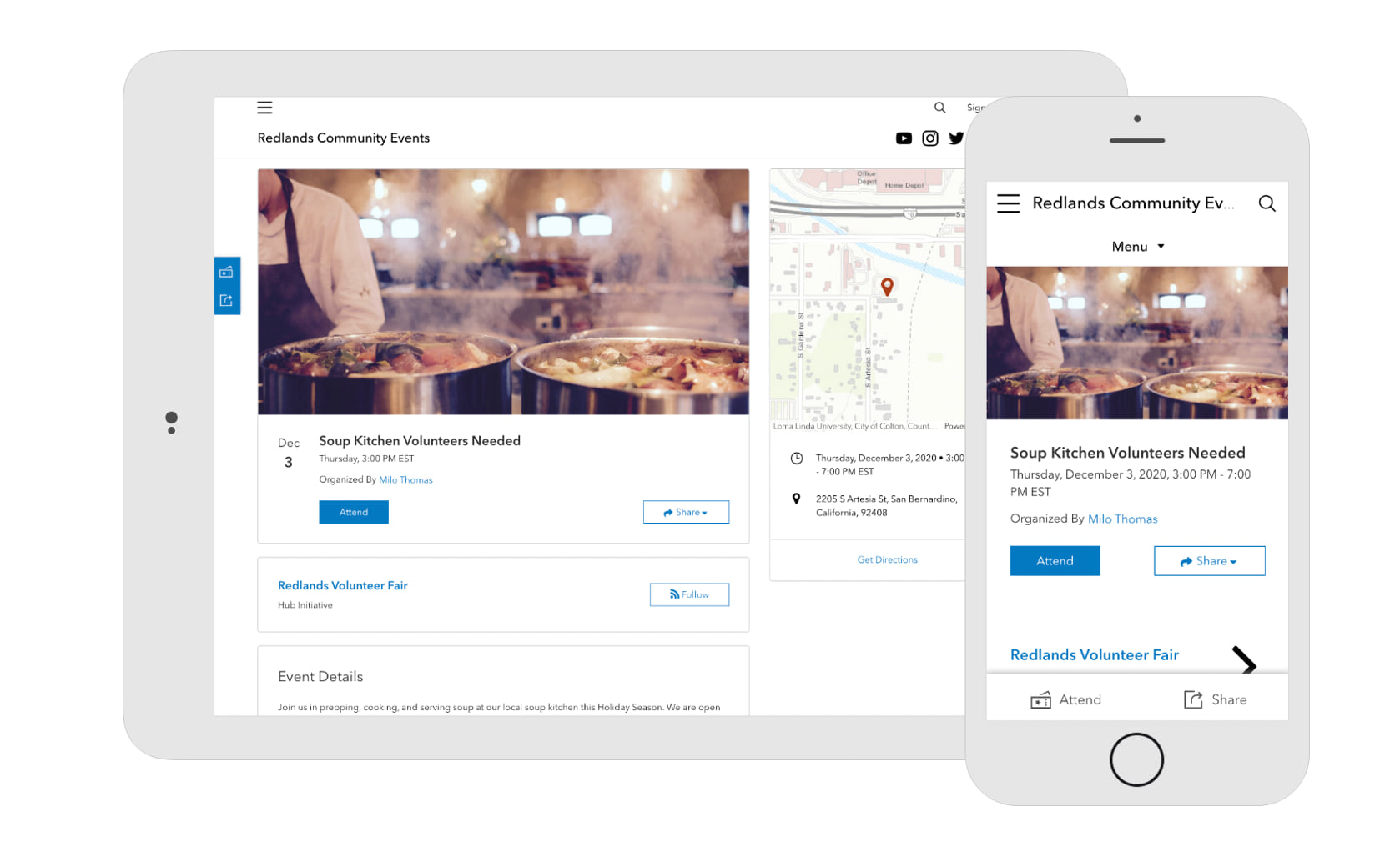 An event view displayed on a tablet or mobile device