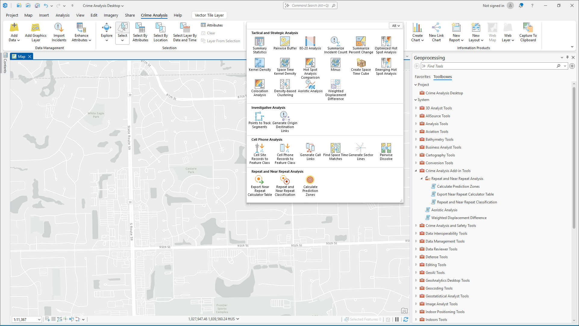 Image displays crime analysis ribbon and add-in toolbar.