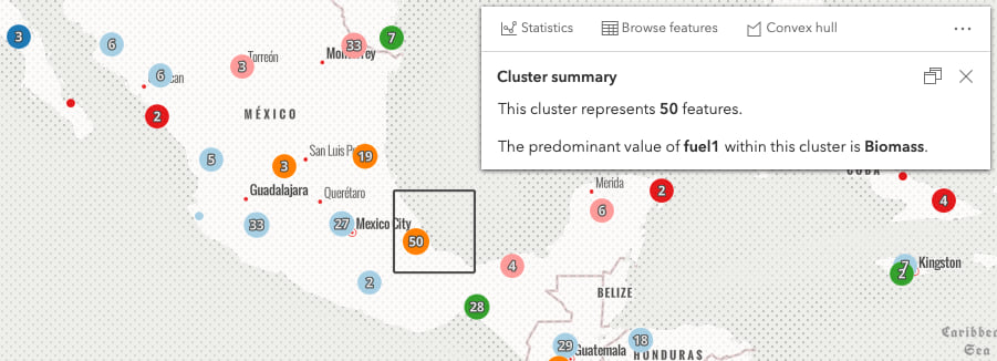 Clustered power plants with a square graphic indicating the cluster's extent.