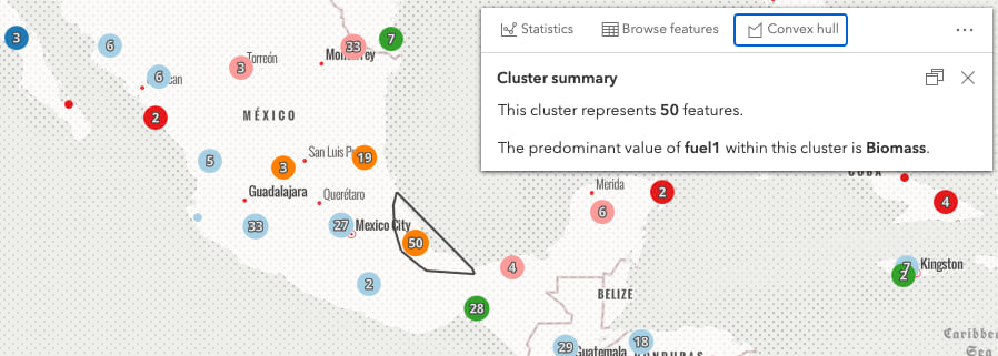 Clustered power plants with a graphic indicating the cluster's convex hull.