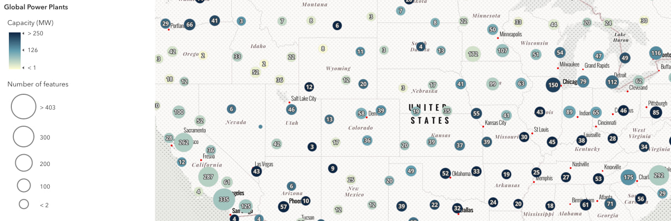 This layer visualizes the mW capacity of power plants using color. When clustering is enabled, the average capacity of the power plants in the cluster determines the color of the cluster graphic.