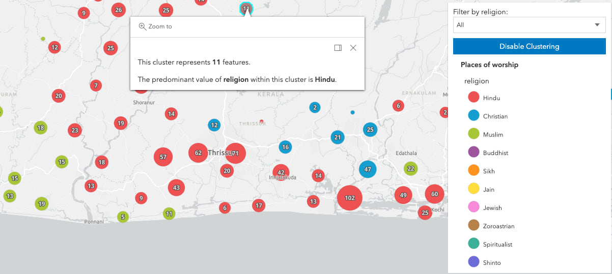 Clustered places of worship in India. The color of each graphic indicates the predominant religion of the cluster.