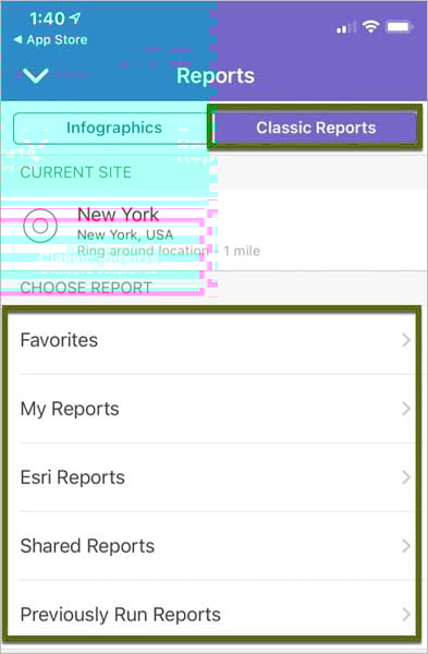 Classic Reports tab in BA Mobile App