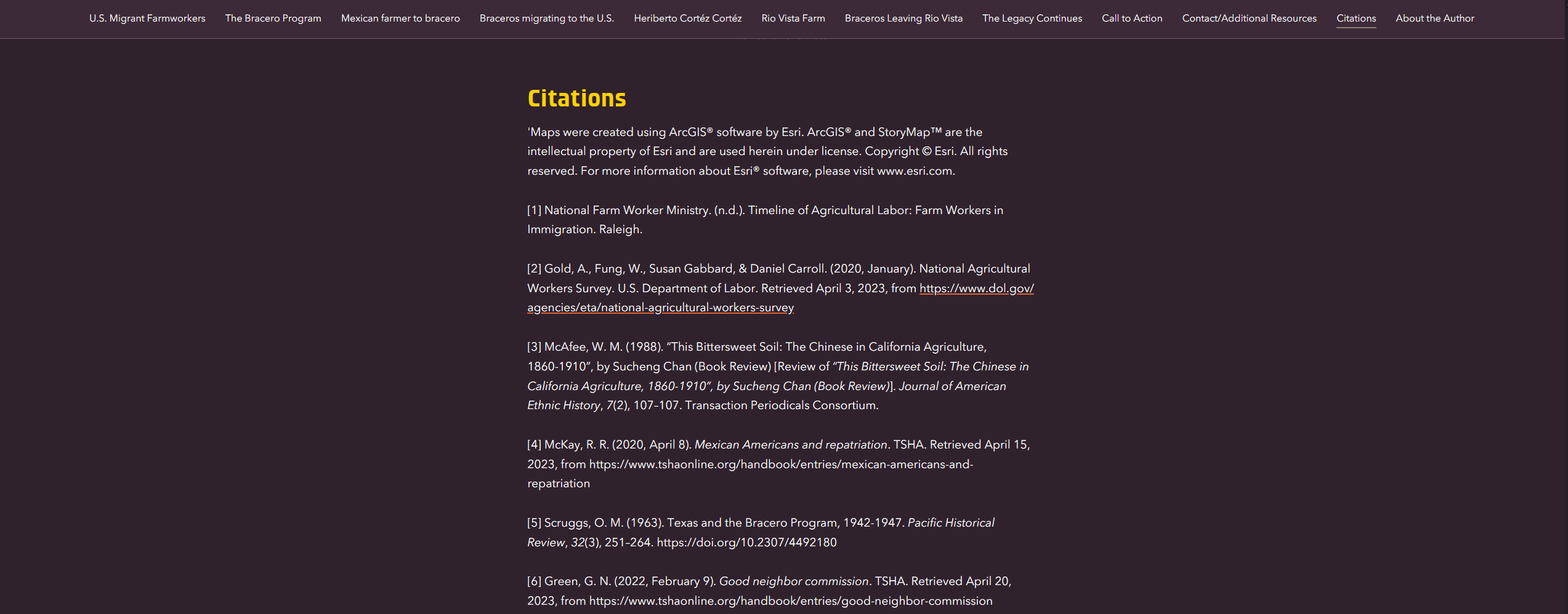 A numbered list of citations/references that appears at the end of an ArcGIS StoryMaps story
