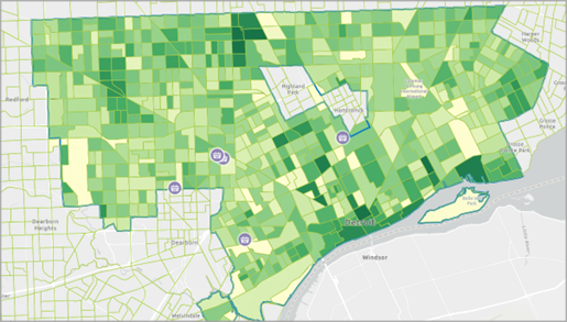 Map of flea markets and color-coded ranked block groups to show spending potential