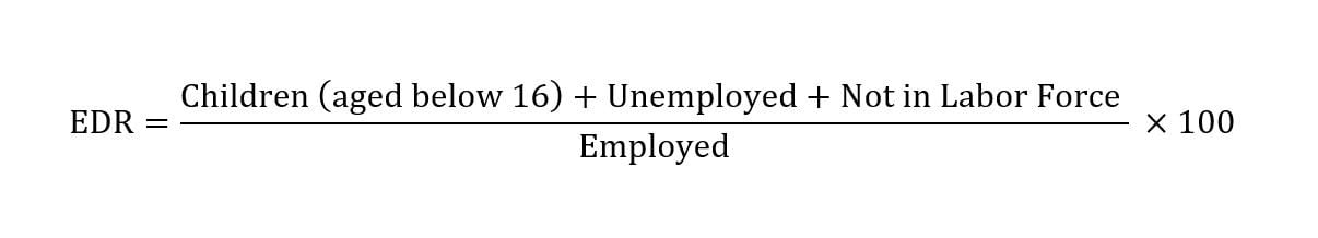 Formula for the EDR: Children (aged below 16) + Unemployed + Not in Labor Force / Employed * 100.