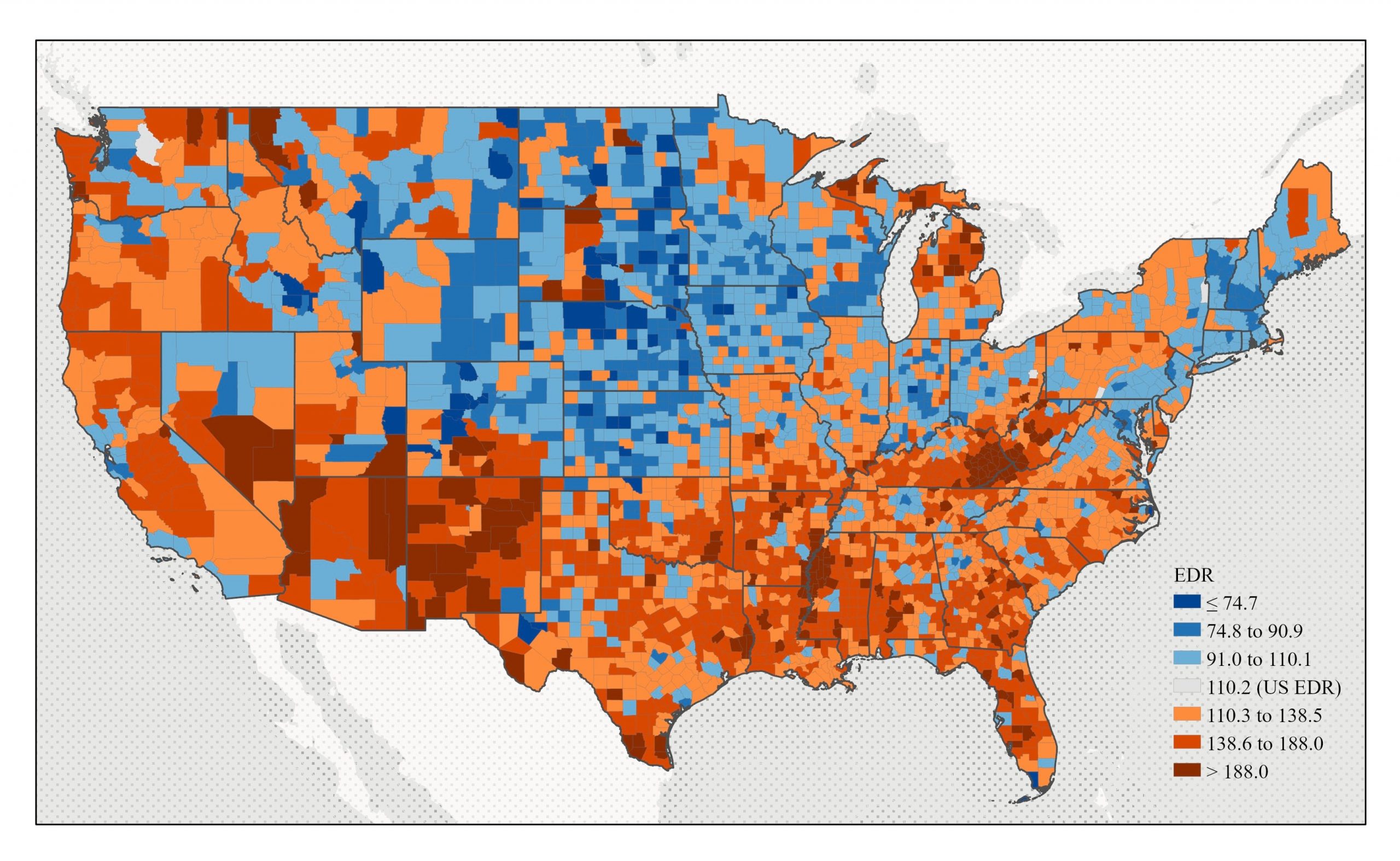 County-level US map displaying EDR values color-coded based on over/under relationship to the US value.