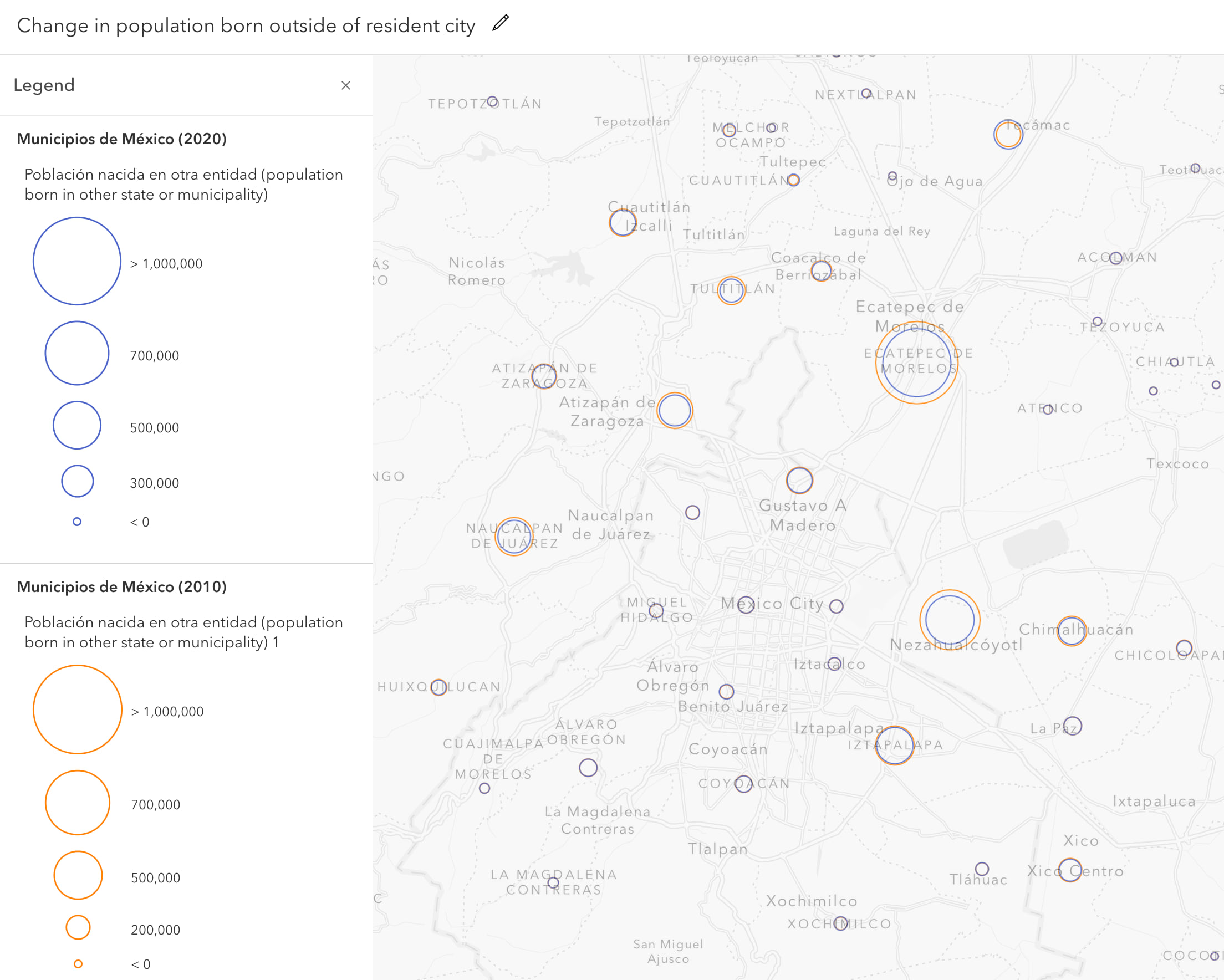 This map shows the change in the population born outside of their resident city. Orange rings represent 2010 numbers. Blue rings represent 2020 numbers.