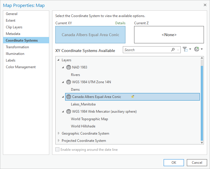 Coordinate Systems page in the Map Properties window