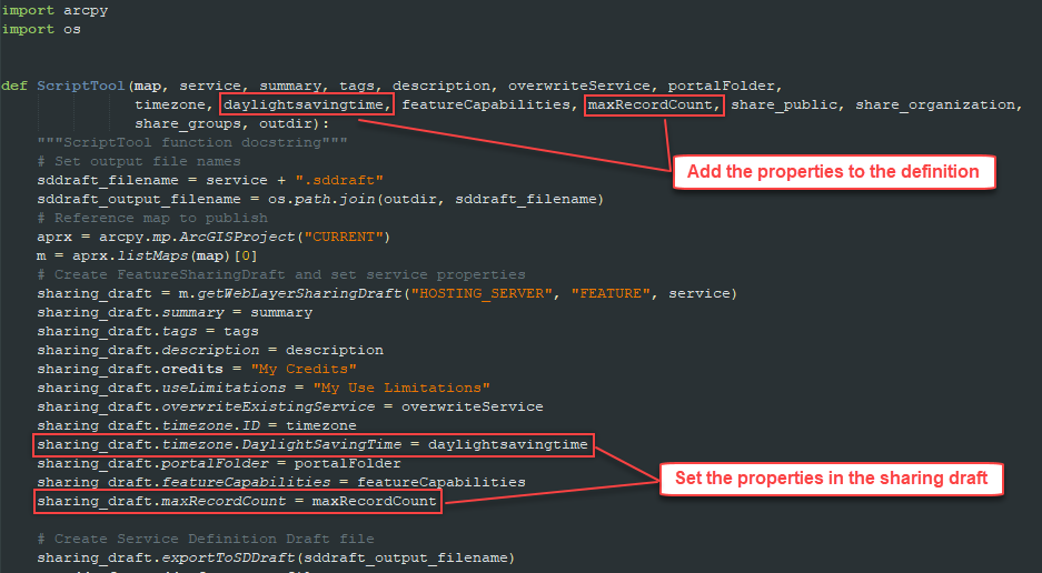 Modify the Python file to include daylight savings and max record count properties