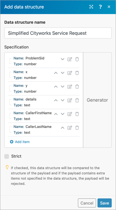 Simplified Cityworks service request data structure