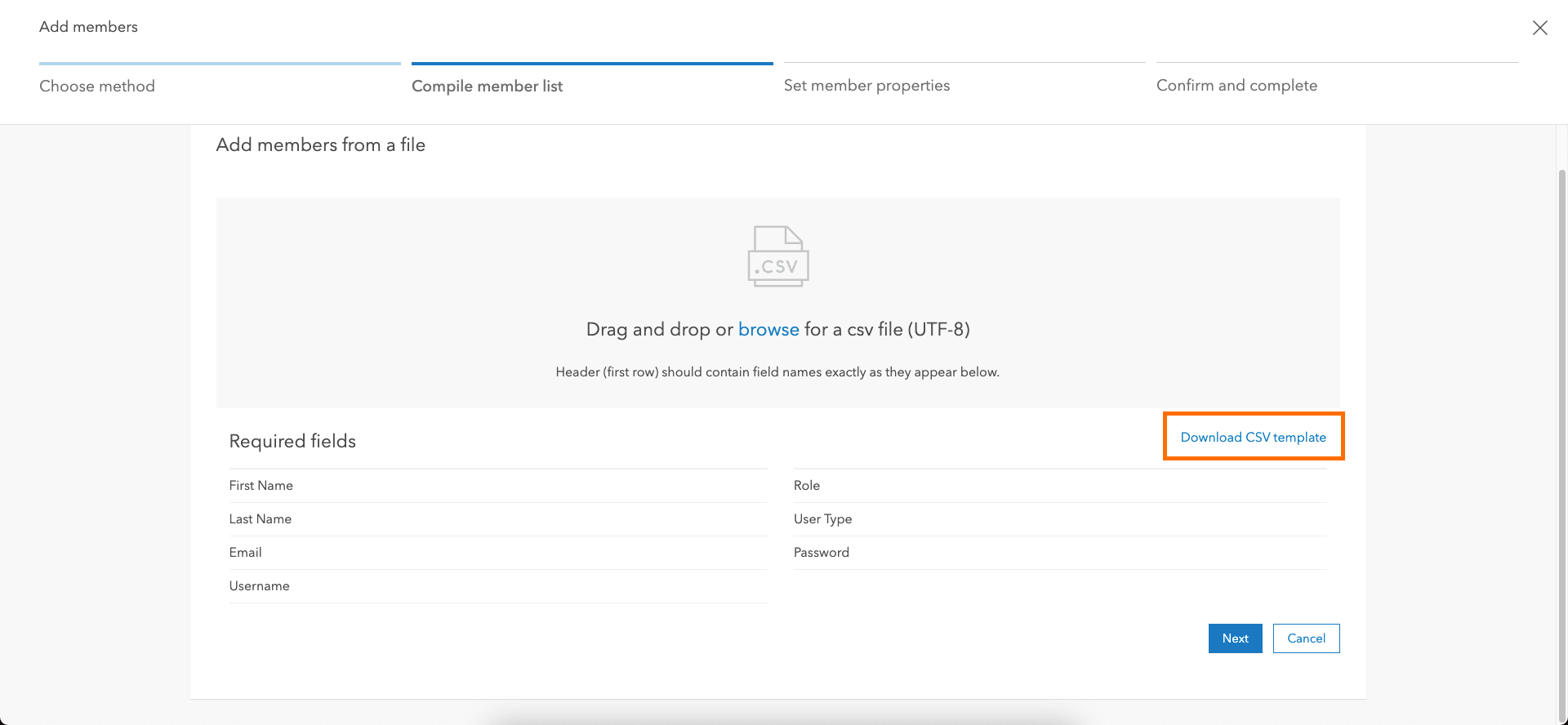 Image of where to download the CSV template from the Enterprise portal.