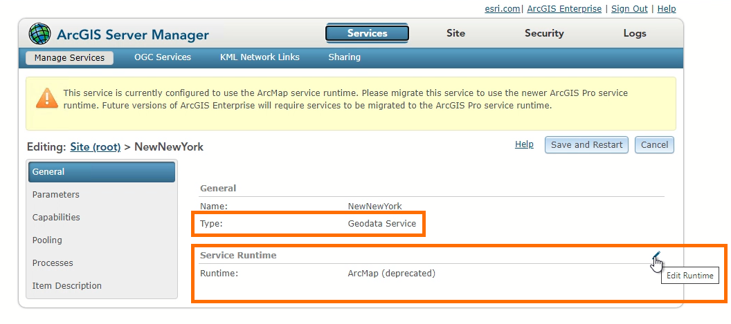 Edit Runtime operation now applies to geodata services.