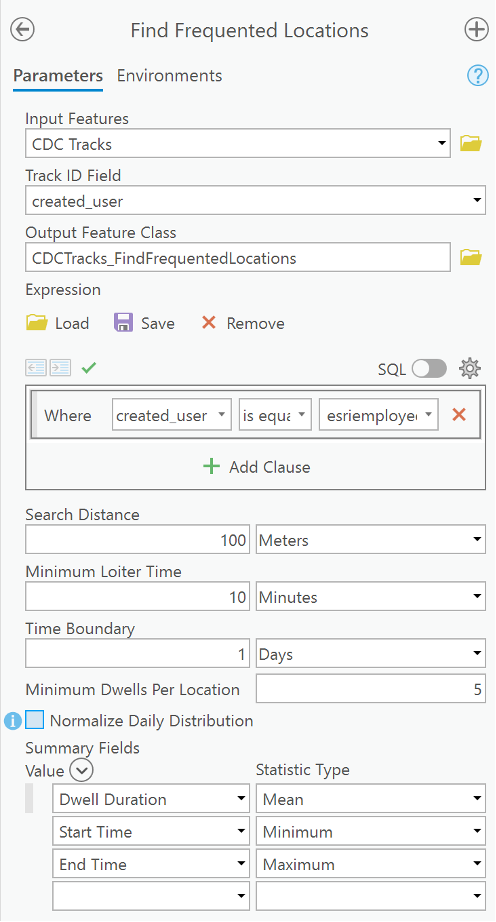 Find Frequented Locations Geoprocessing tool pane with some options enabled.