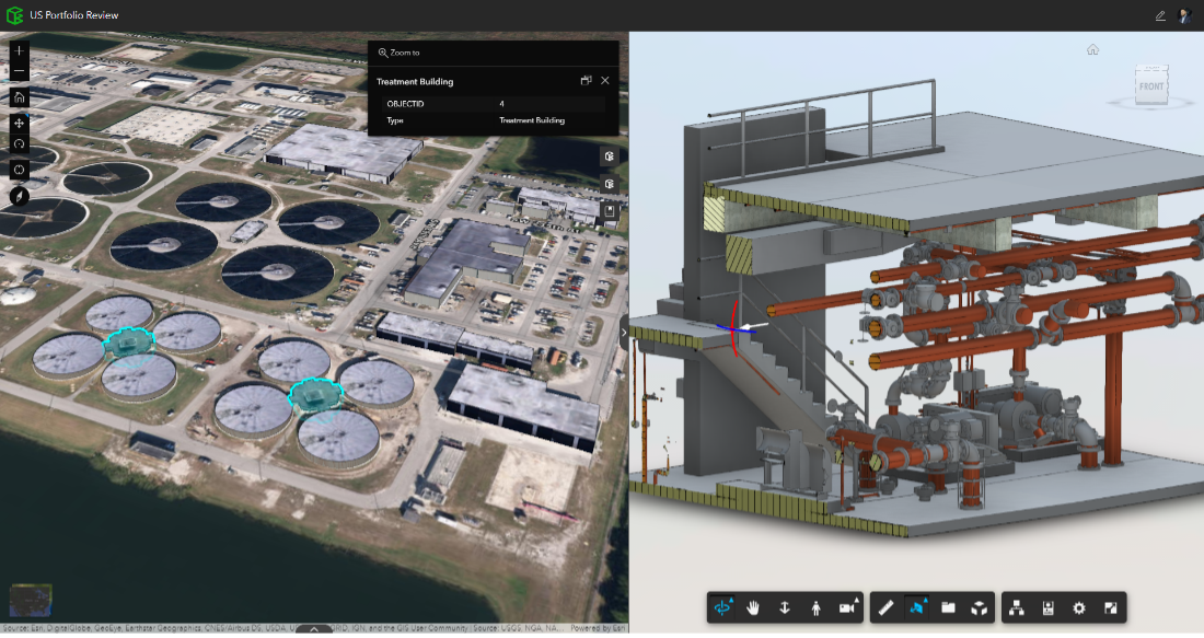 A split image with an aerial photo of an industrial complex on the left and a 3D building model in gray and red on the right.