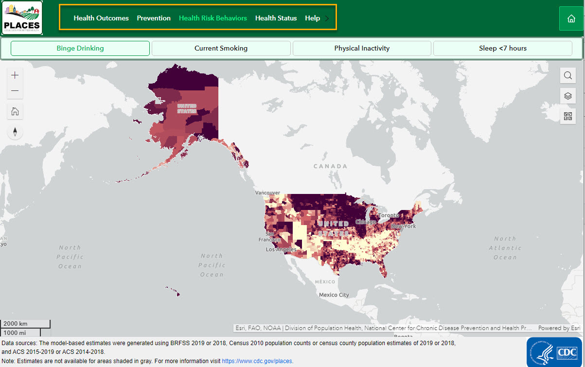 The app shows a county-level map of binge drinking. Category menu on top row highlighted.