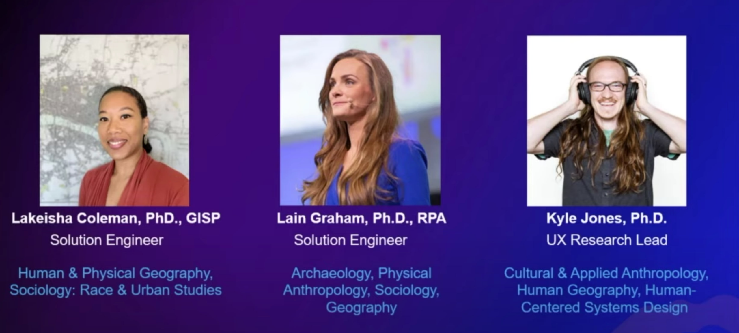 3 headshots of presenters at the Enhancing Qualitative Social Science with GIS Technical Workshop