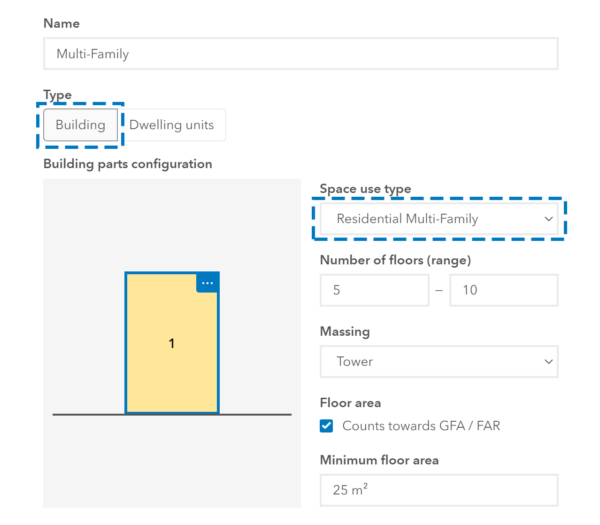 Example of a multi-family residential building type dialog.