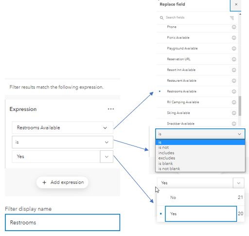 Expressions are built by populating a field, condition, and value