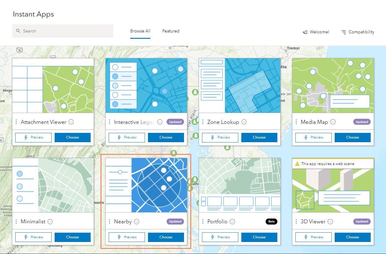 Instant App Gallery with Nearby app highlighted