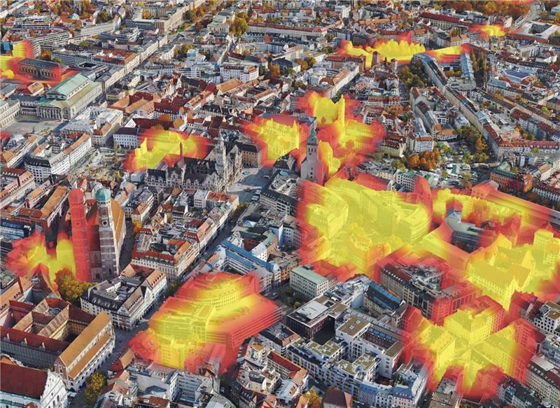 Point feature layer containing Munich's bicycle stands rendered as heatmap to visualize density and draped over an integrated mesh