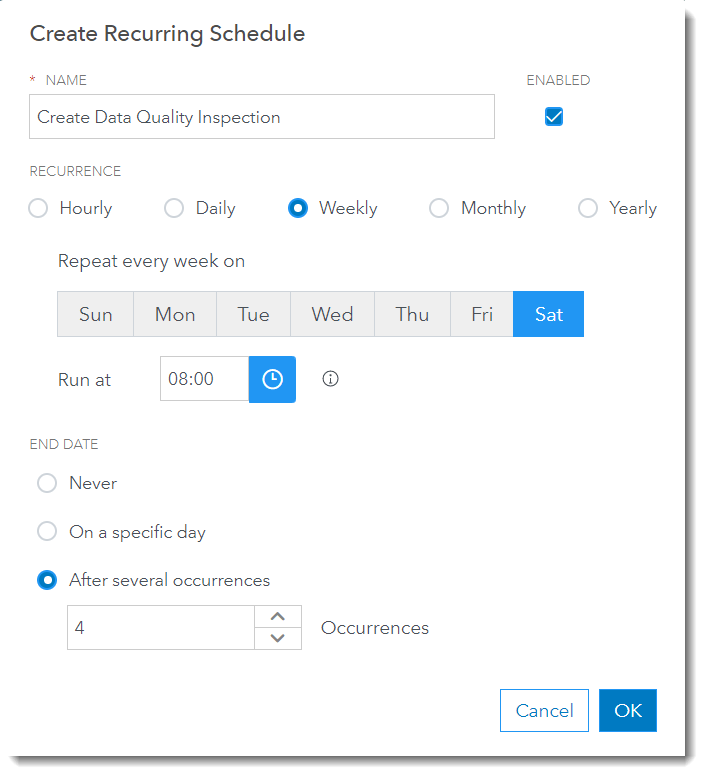 Schedule recurring job at 8:00 a.m. every Saturday and recurring stops after 4 weeks.