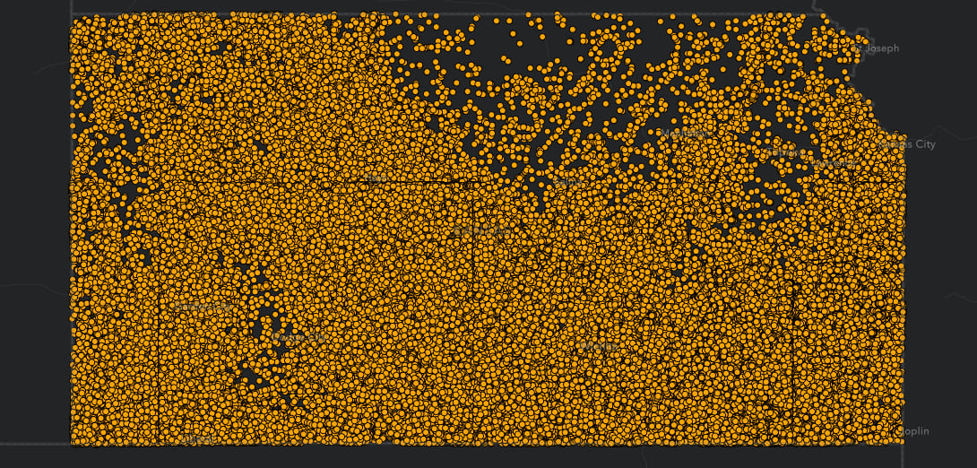 Oil and gas wells represented individually as points. It is nearly impossible to see the spatial distribution of wells when they are represented this way.