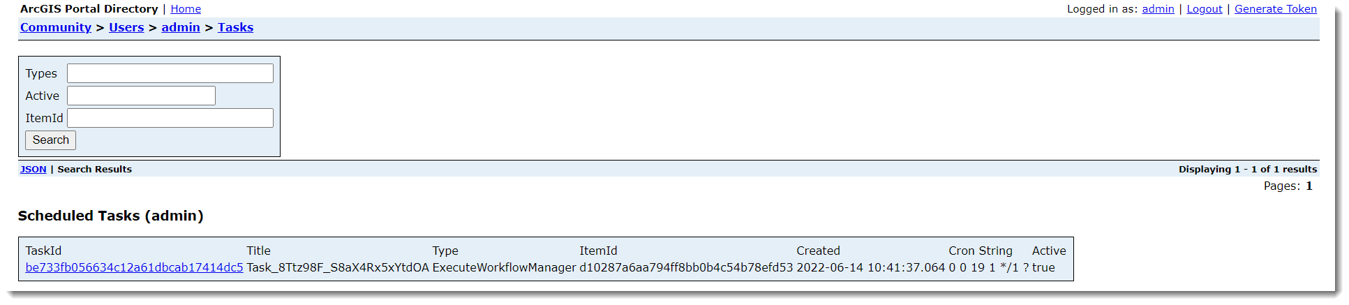 Task is created in Portal for ArcGIS and can be viewed in portal admin site.