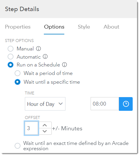 Schedule to run the step at 8:00 a.m. every day.