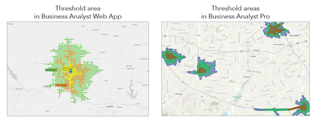 Side-by-side comparison of threshold area maps created in ArcGIS Business Analyst