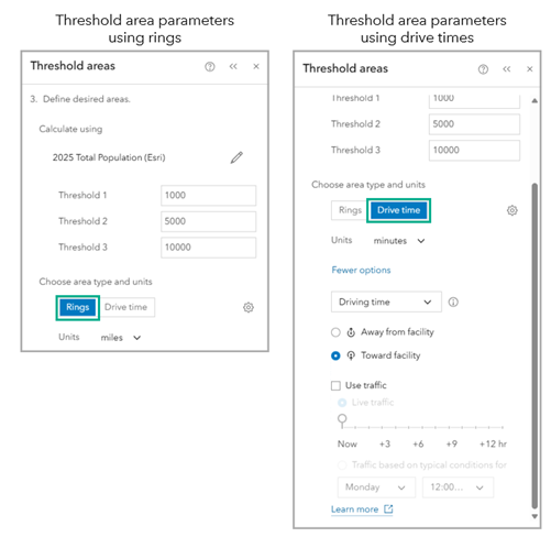 Side-by-side comparison of threshold area parameters using rings or drive times