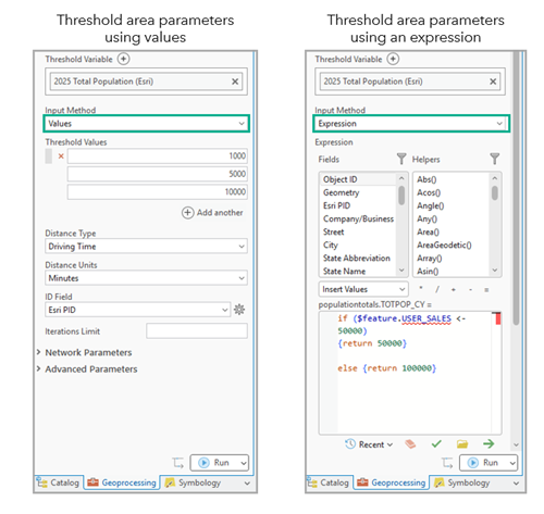Side-by-side comparison of threshold area parameters using values or expressions