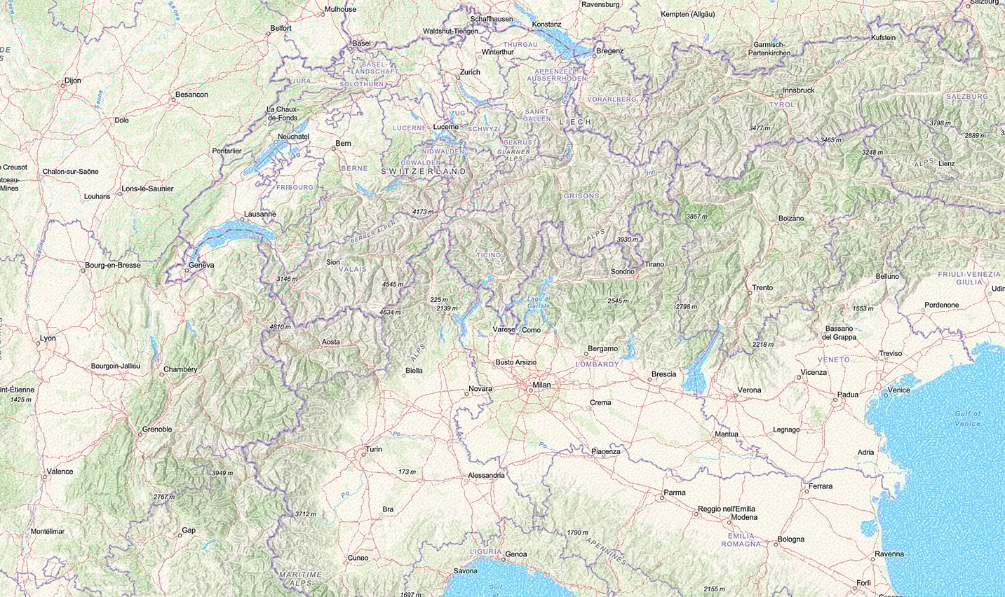 Northern Italy using Colored Pencil basemap and hillshade
