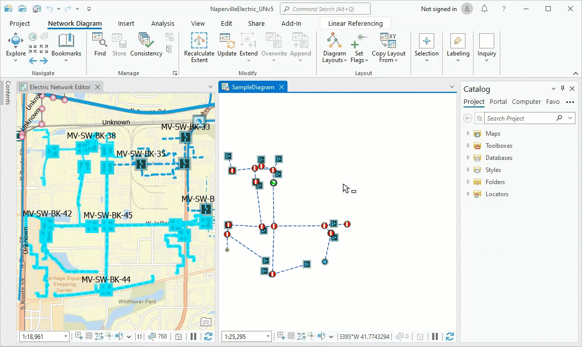 Network features appended to an existing diagram display at their geographic positions by default.