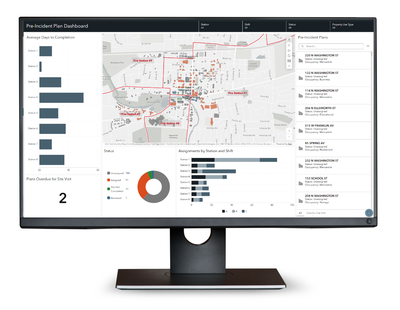 Image of the Pre-Incident Plan Dashboard showing a map of pre-incident plan locations and charts summarizing plan assignments, status, completion time, and overdue site visits.