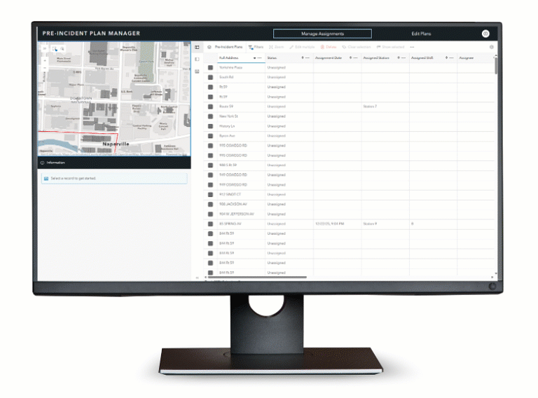 Animated view of the Pre-Incident Plan Manager app showing a map and a list of pre-incident plan locations. The app is used to manage plan assignments, including assignment status, station, shift, and assignee.