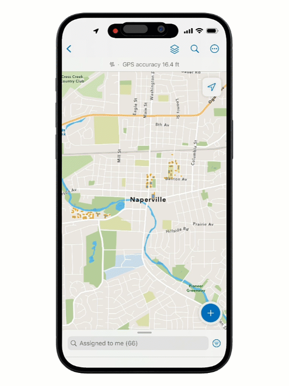 Animated view of the Pre-Incident Plan Site Visit map in ArcGIS Field Maps showing assigned pre-incident plan locations on a mobile map. The app is used to locate assigned sites and support field data collection during pre-incident plan site visits.