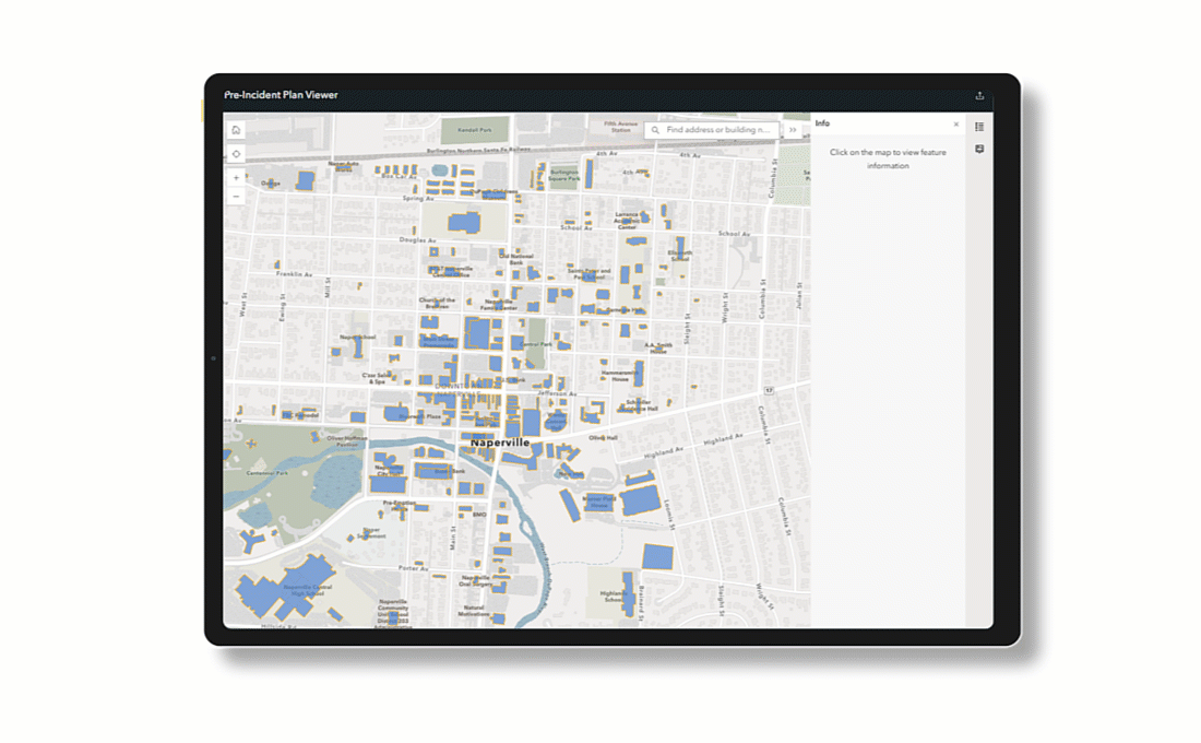 Animated view of the Pre-Incident Plan Viewer on a tablet showing mapped pre-incident plan locations and an information panel.