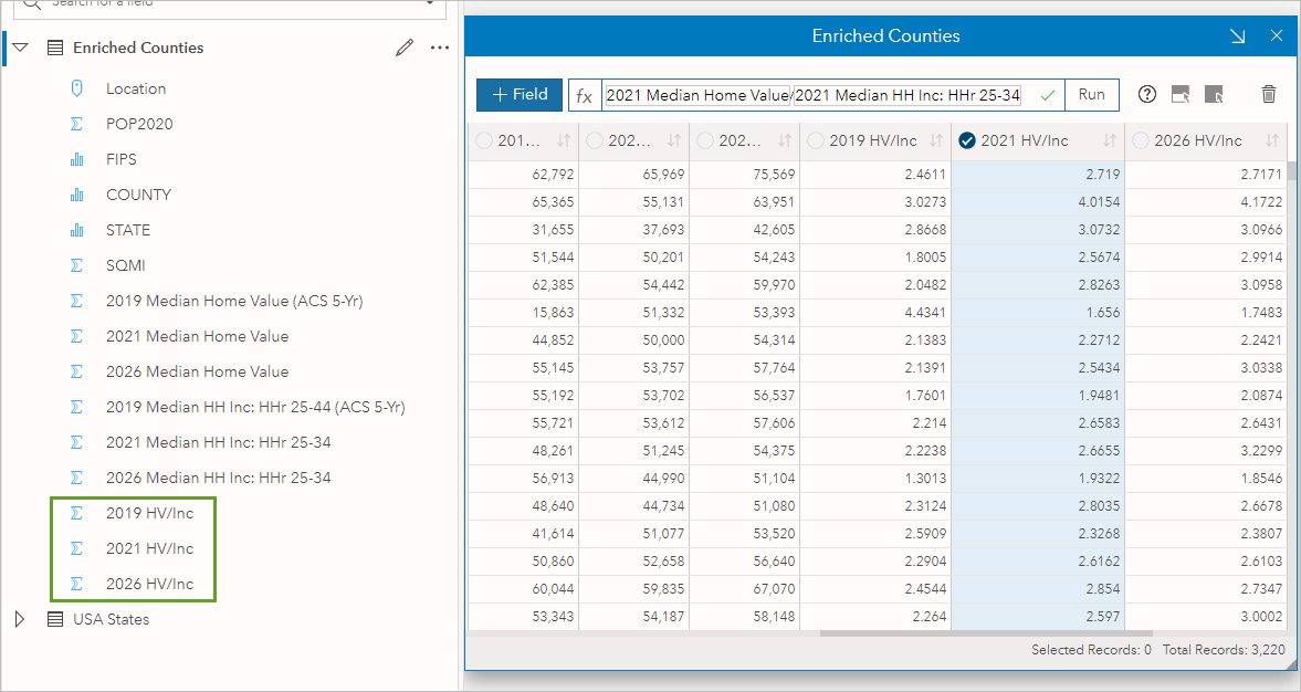 Displays the newly calculated field names and the calculation used in the datatable