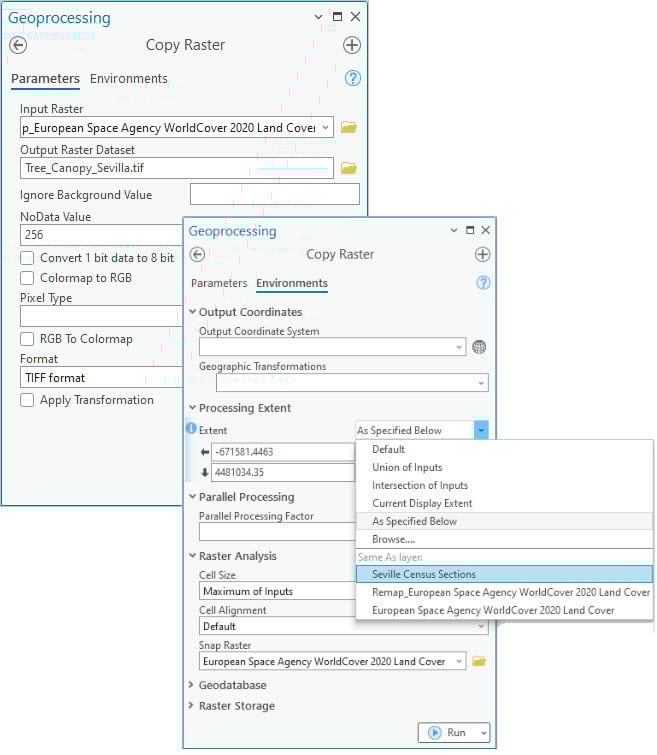Copy Raster tool pane with TIF format specified.
