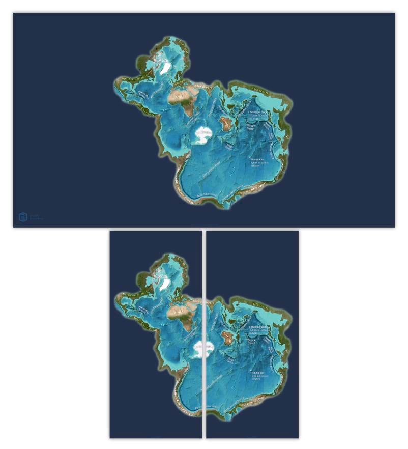 A map in Spillhaus projection depicting the ocean floor and some of the geographic feature within.